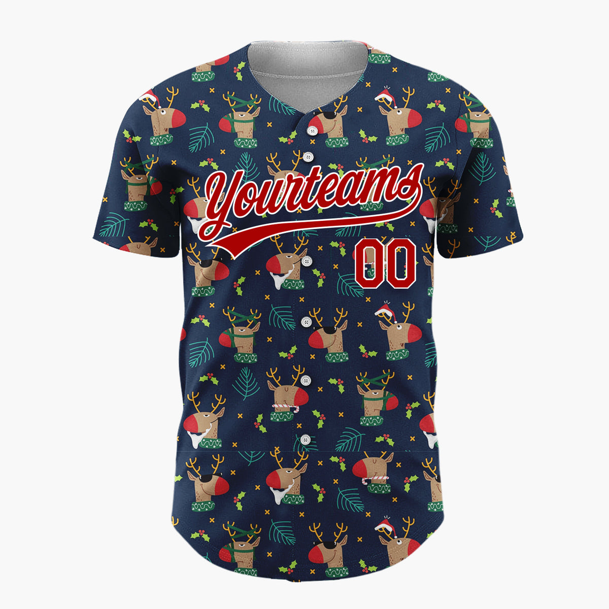 Custom Navy Brown Reindeer Holly And Leaves Funny Christmas Baseball Jersey