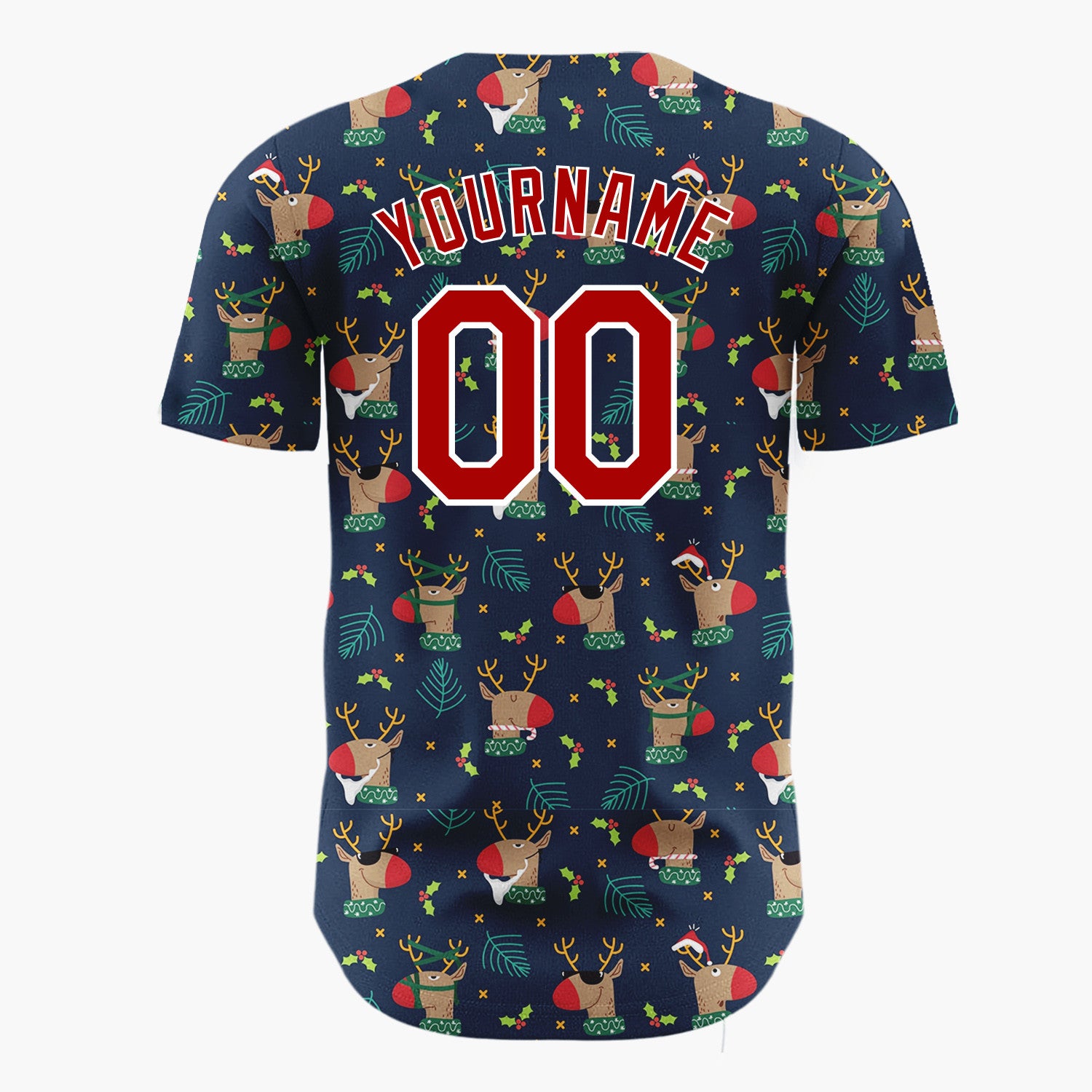 Custom Navy Brown Reindeer Holly And Leaves Funny Christmas Baseball Jersey