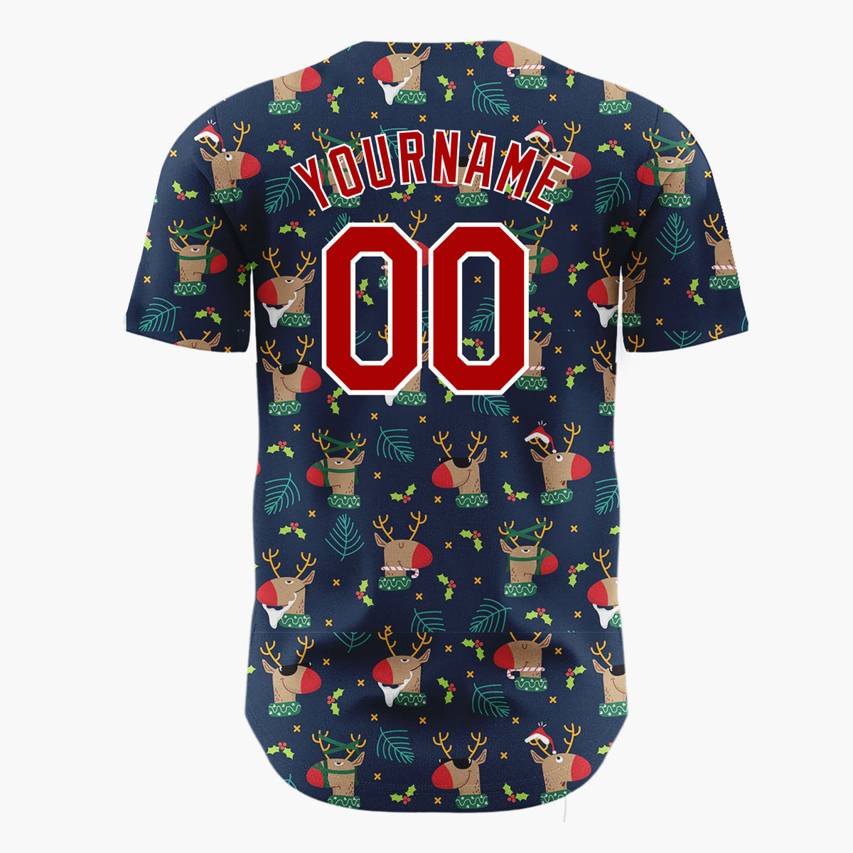Custom Navy Brown Reindeer Holly And Leaves Funny Christmas Baseball Jersey