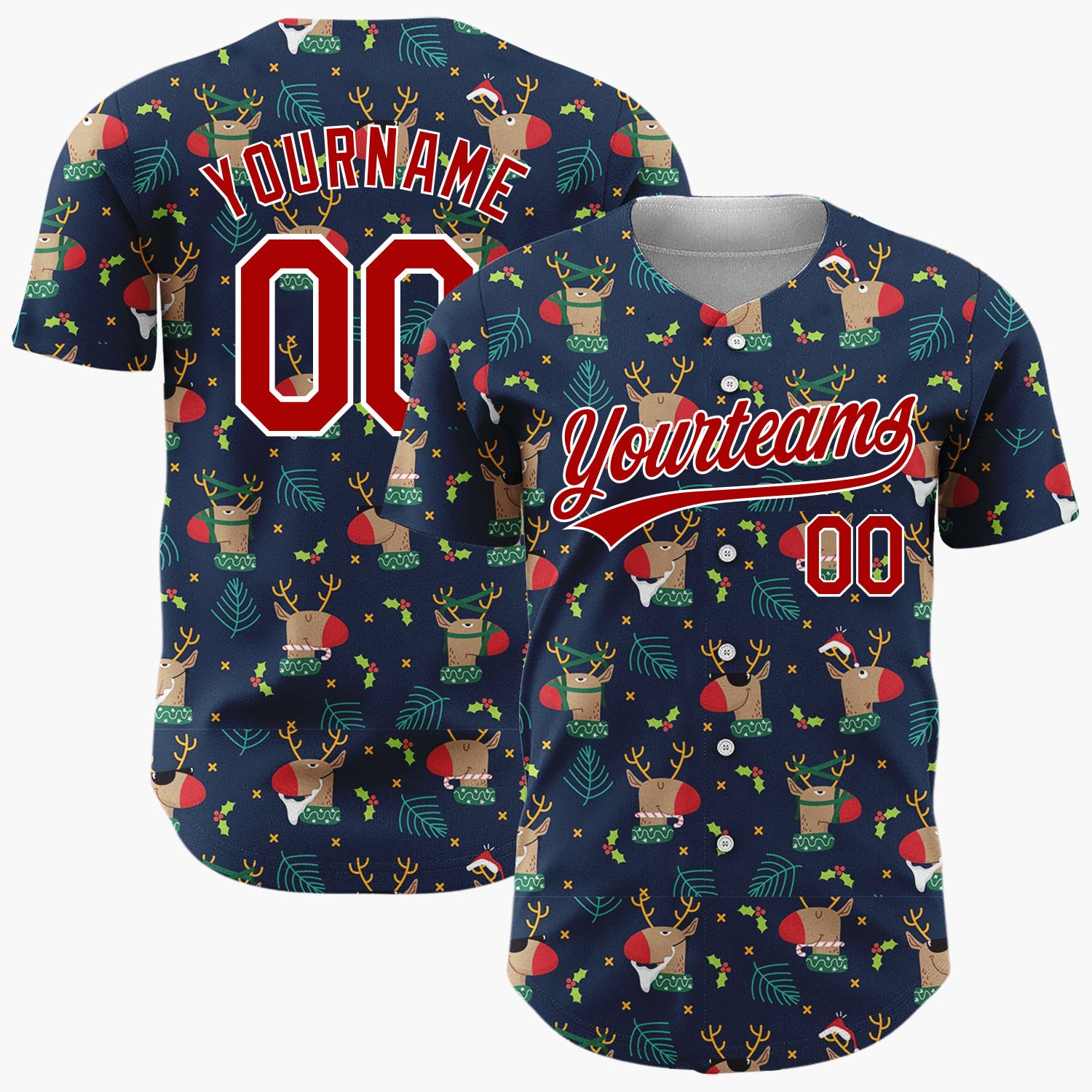 Custom Navy Brown Reindeer Holly And Leaves Funny Christmas Baseball Jersey
