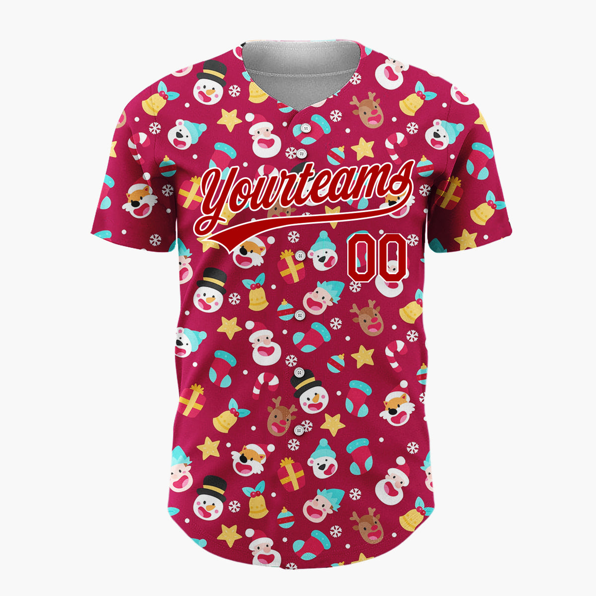 Custom Maroon Red Santa Reindeer And Snowmen Cute Heads Pattern Christmas Baseball Jersey