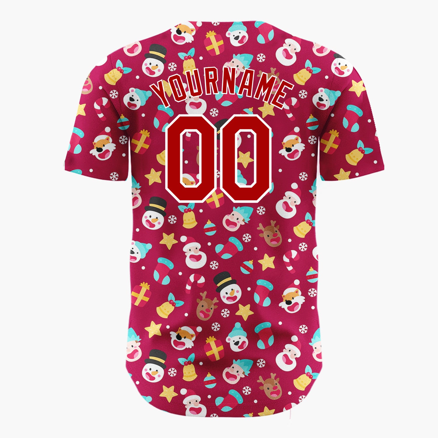 Custom Maroon Red Santa Reindeer And Snowmen Cute Heads Pattern Christmas Baseball Jersey