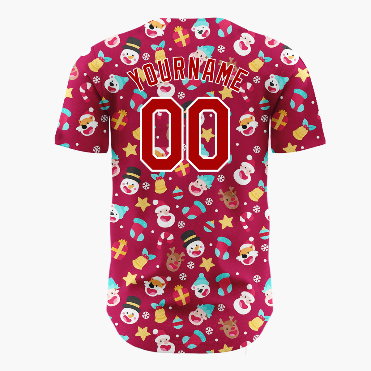 Custom Maroon Red Santa Reindeer And Snowmen Cute Heads Pattern Christmas Baseball Jersey