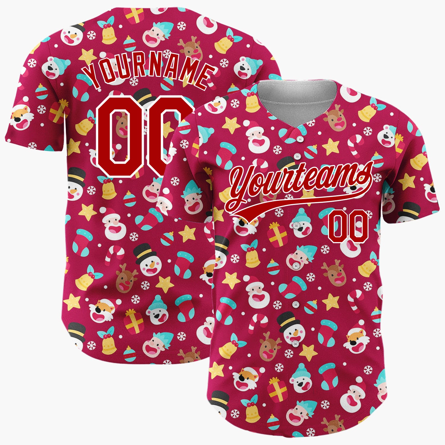 Custom Maroon Red Santa Reindeer And Snowmen Cute Heads Pattern Christmas Baseball Jersey