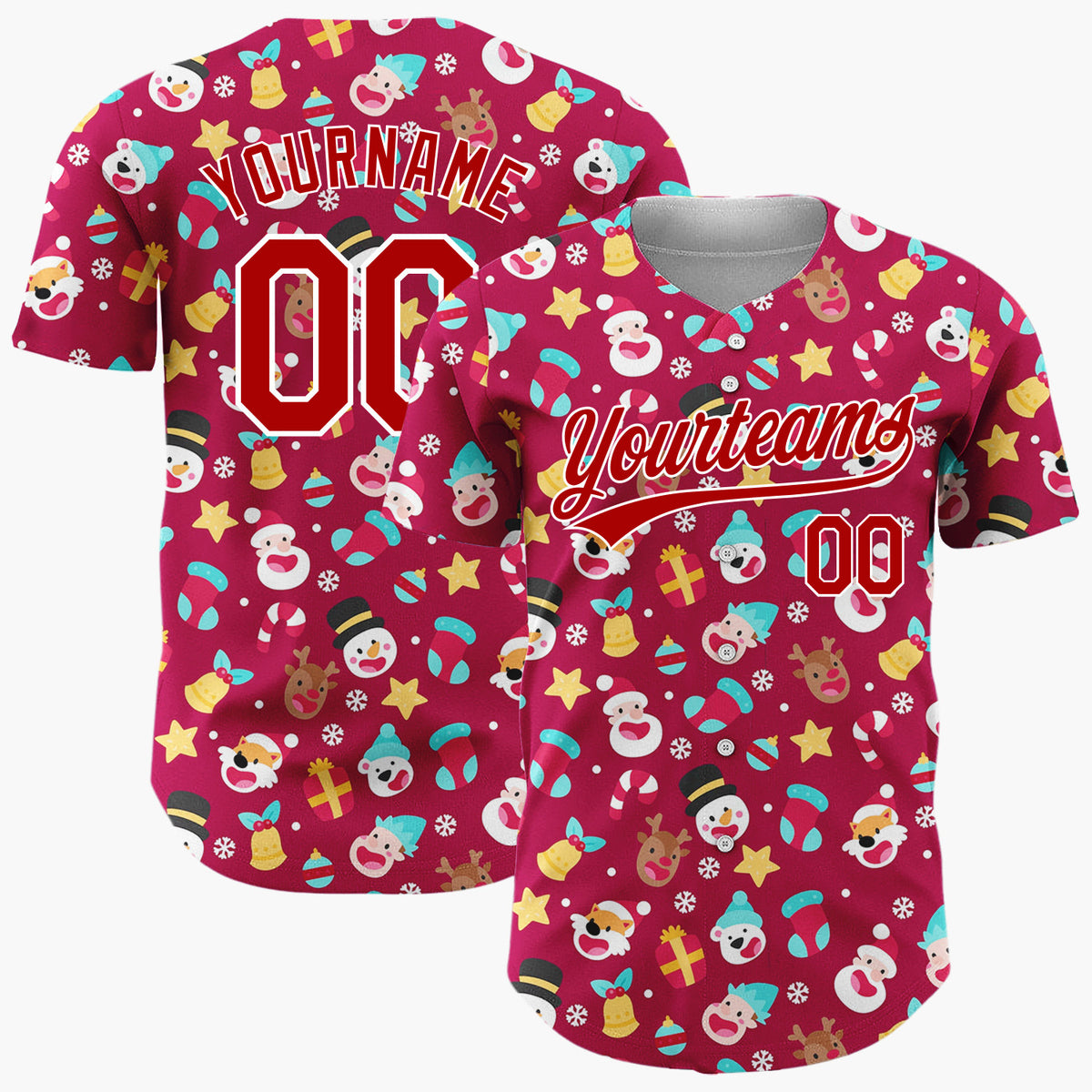 Custom Maroon Red Santa Reindeer And Snowmen Cute Heads Pattern Christmas Baseball Jersey