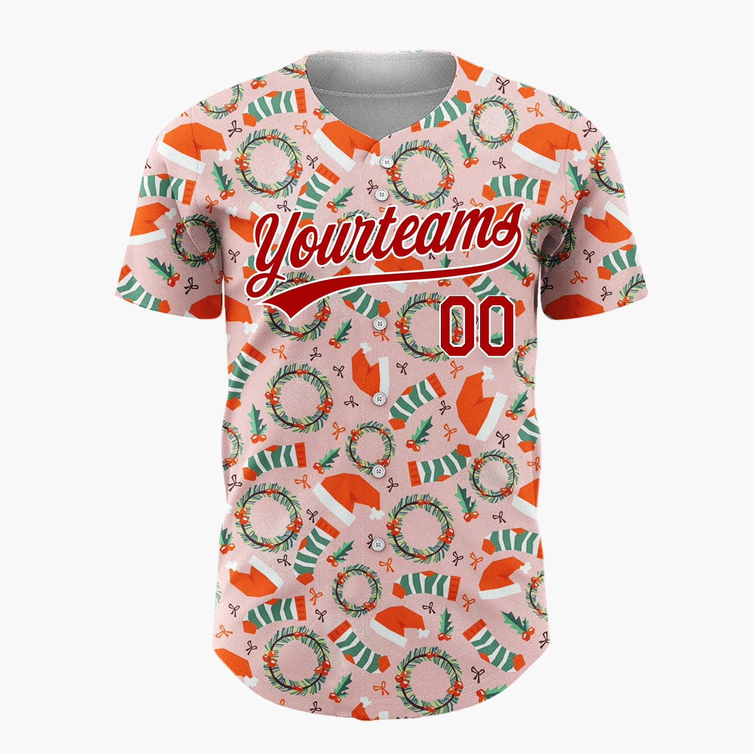 Custom Light Pink Red Green Wreath And Hats Christmas Baseball Jersey