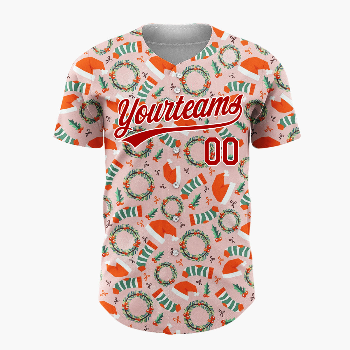 Custom Light Pink Red Green Wreath And Hats Christmas Baseball Jersey