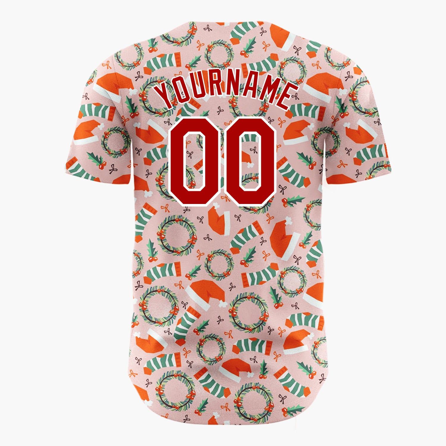 Custom Light Pink Red Green Wreath And Hats Christmas Baseball Jersey