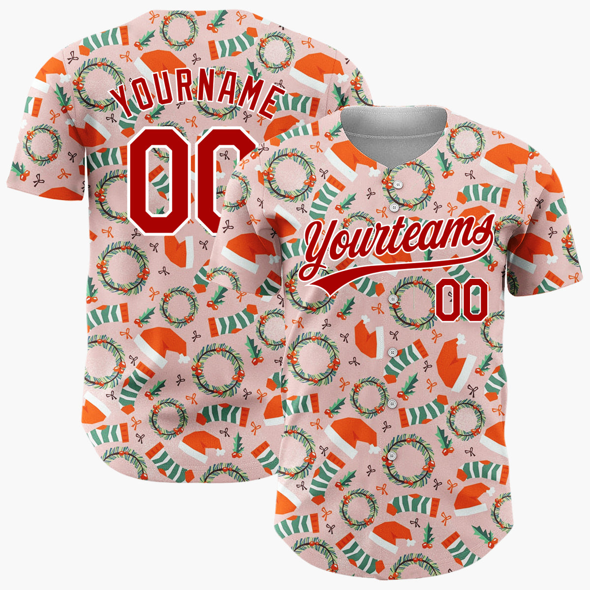Custom Light Pink Red Green Wreath And Hats Christmas Baseball Jersey