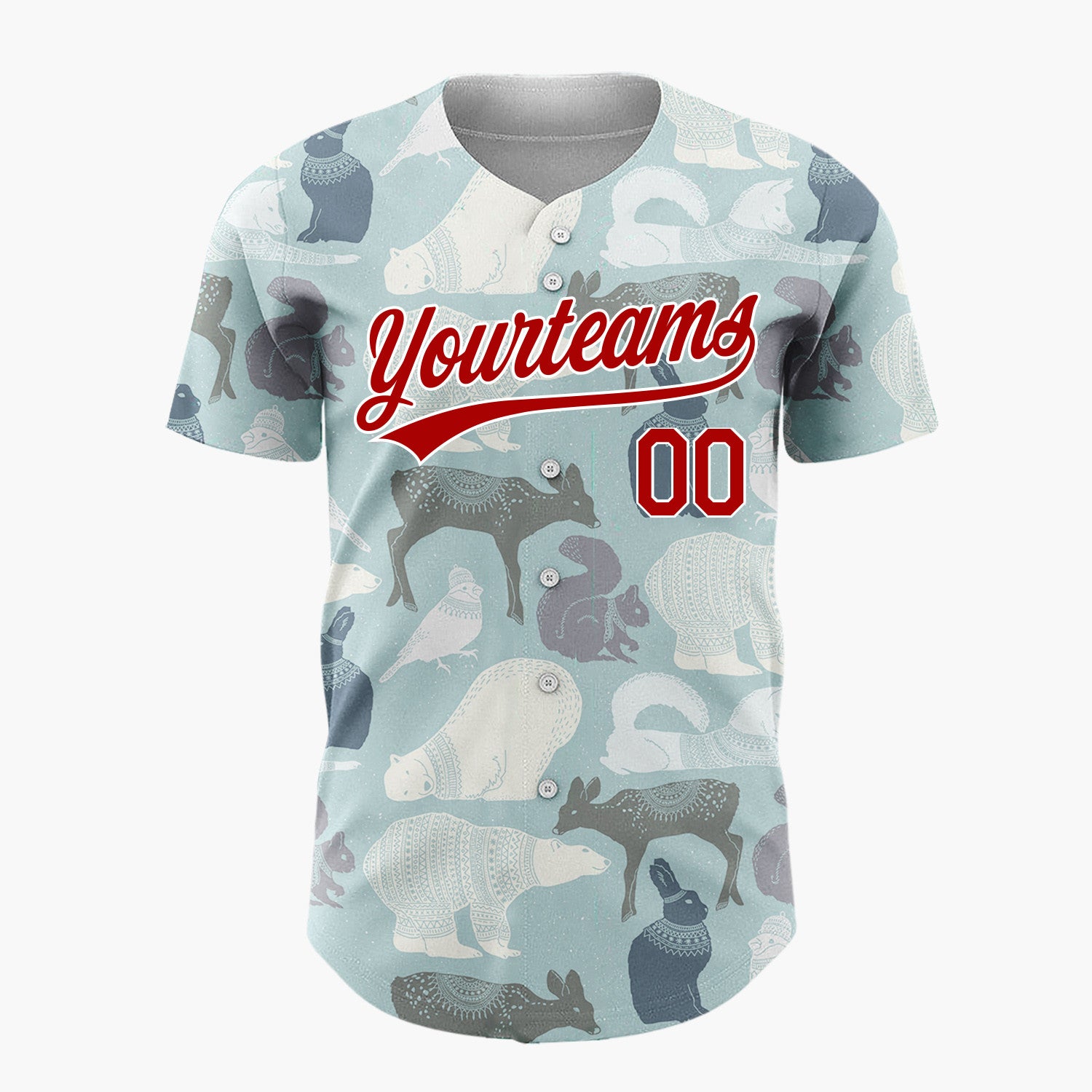 Custom Muted Blue Nordic Winter Animals Illustrated Pattern Christmas Baseball Jersey