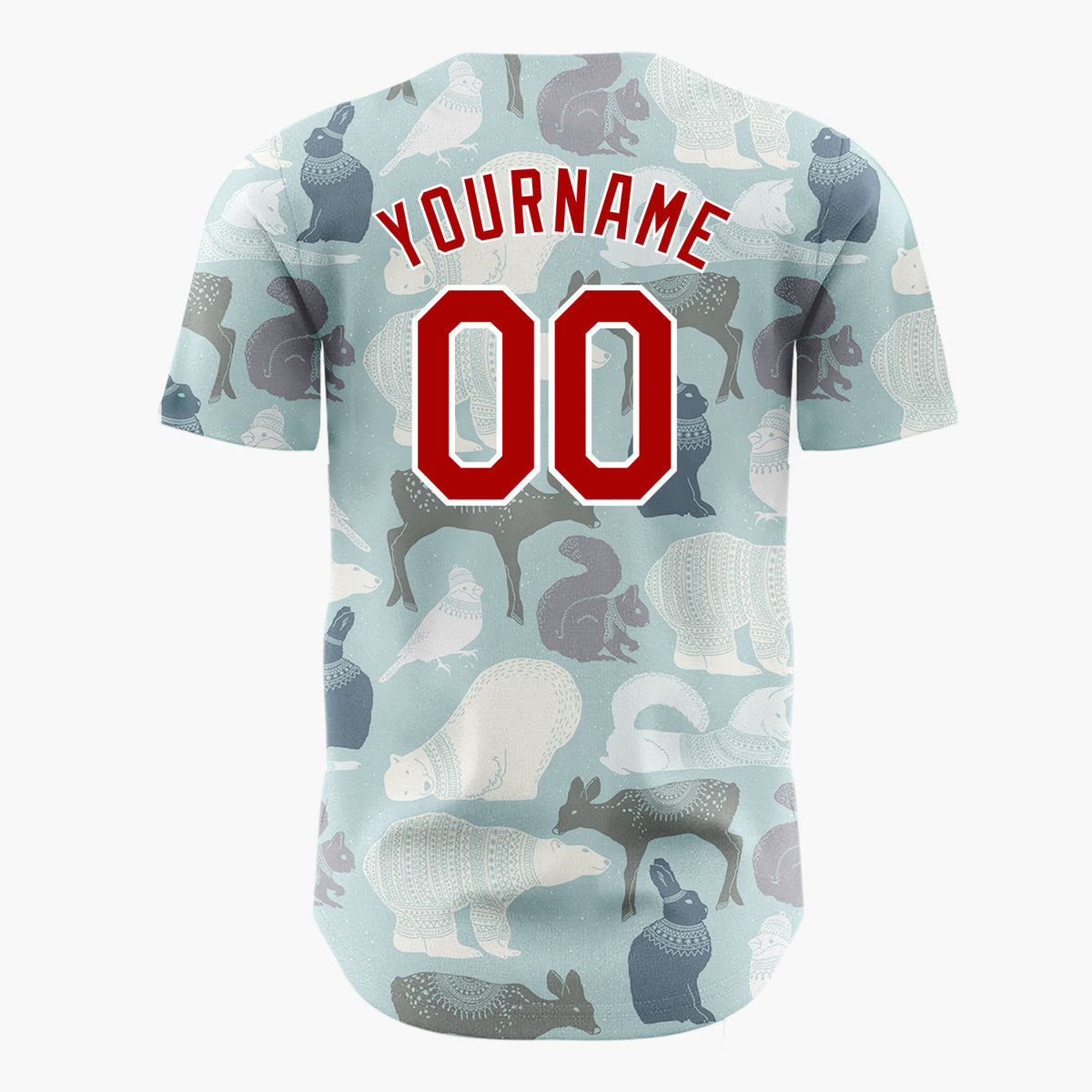 Custom Muted Blue Nordic Winter Animals Illustrated Pattern Christmas Baseball Jersey