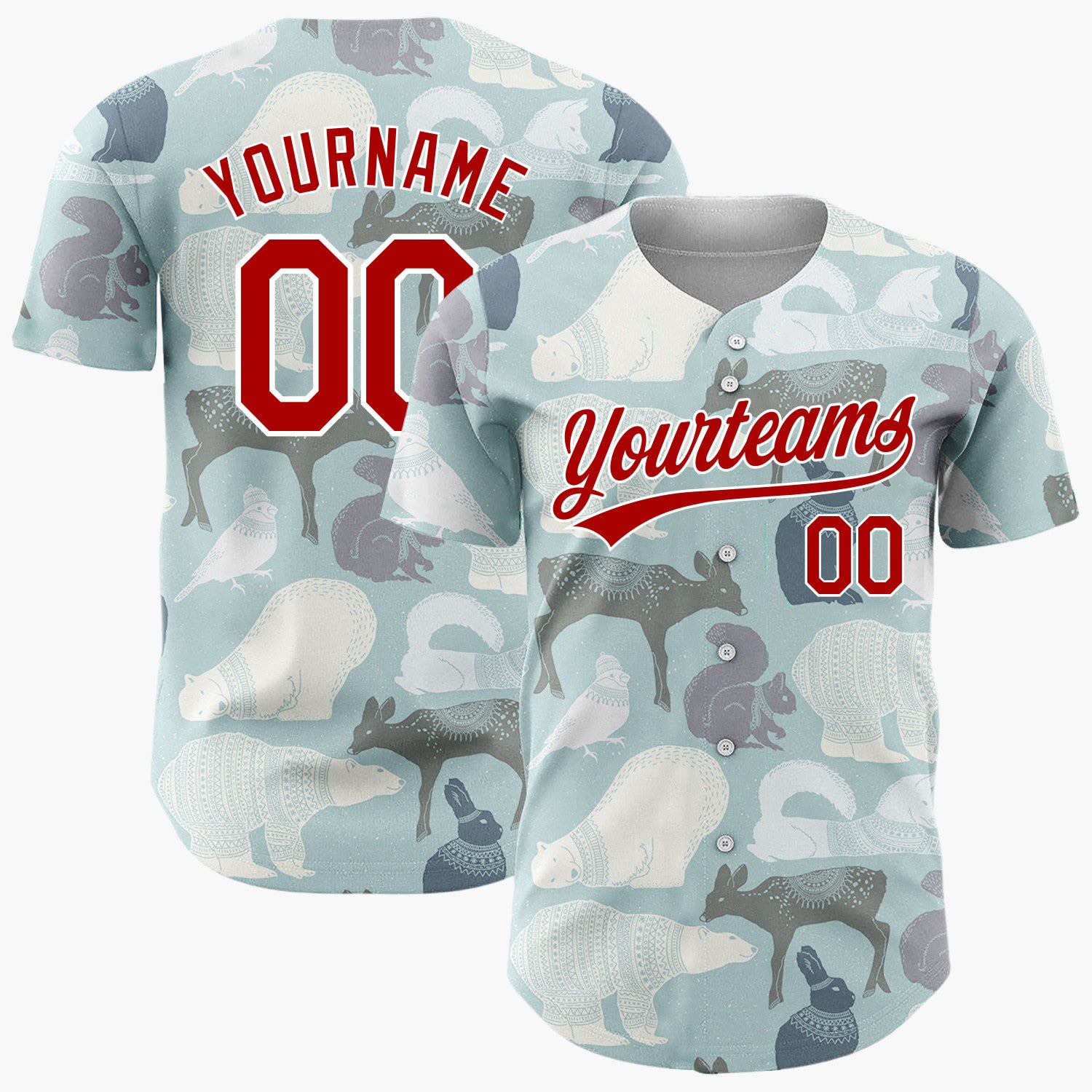 Custom Muted Blue Nordic Winter Animals Illustrated Pattern Christmas Baseball Jersey