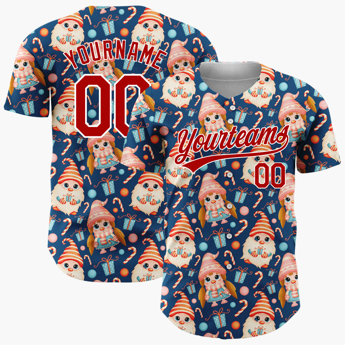 Custom Navy Cute Gnome Candy Kawaii Pattern Christmas Baseball Jersey