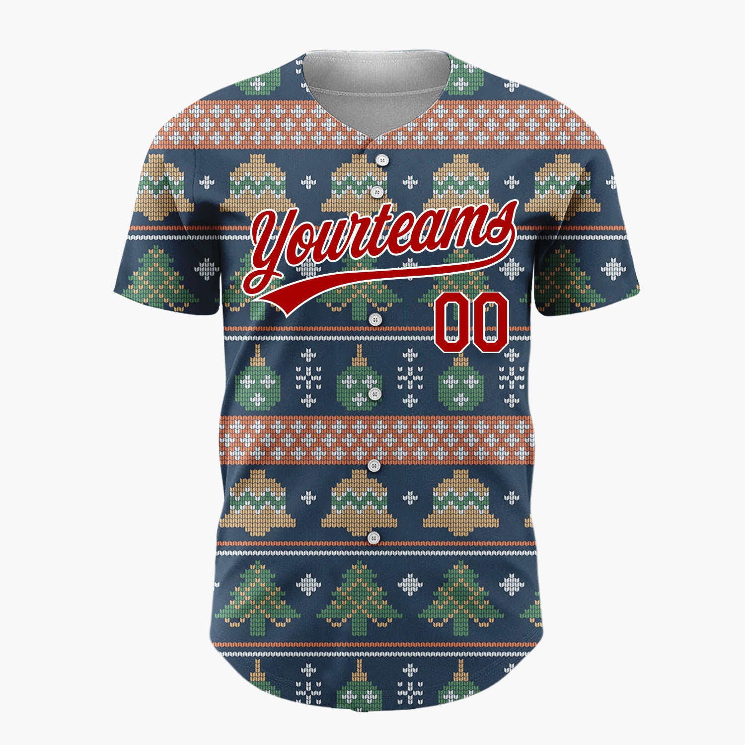 Custom Navy Green Bells Trees And Ornaments Vintage Knitted Christmas Baseball Jersey
