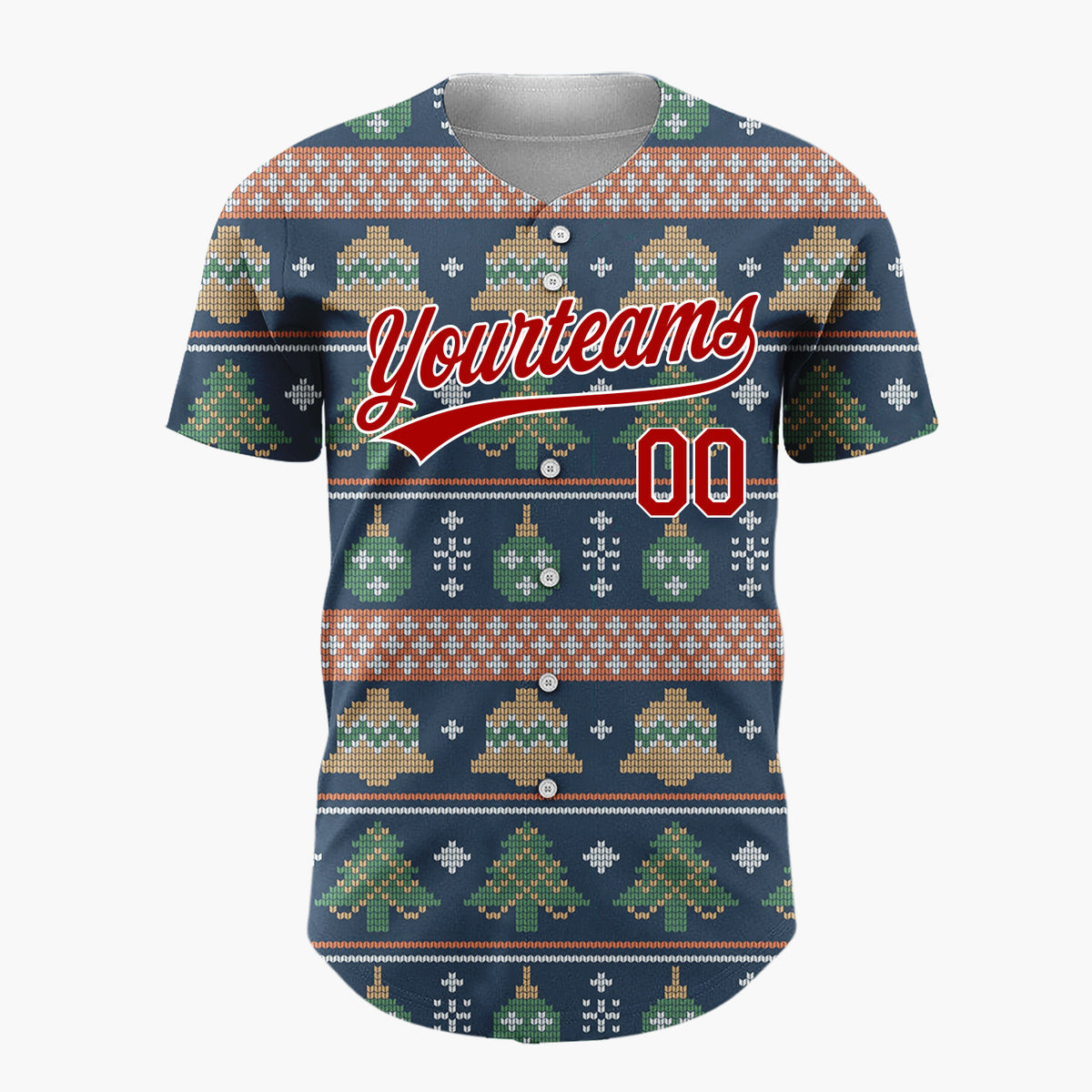 Custom Navy Green Bells Trees And Ornaments Vintage Knitted Christmas Baseball Jersey