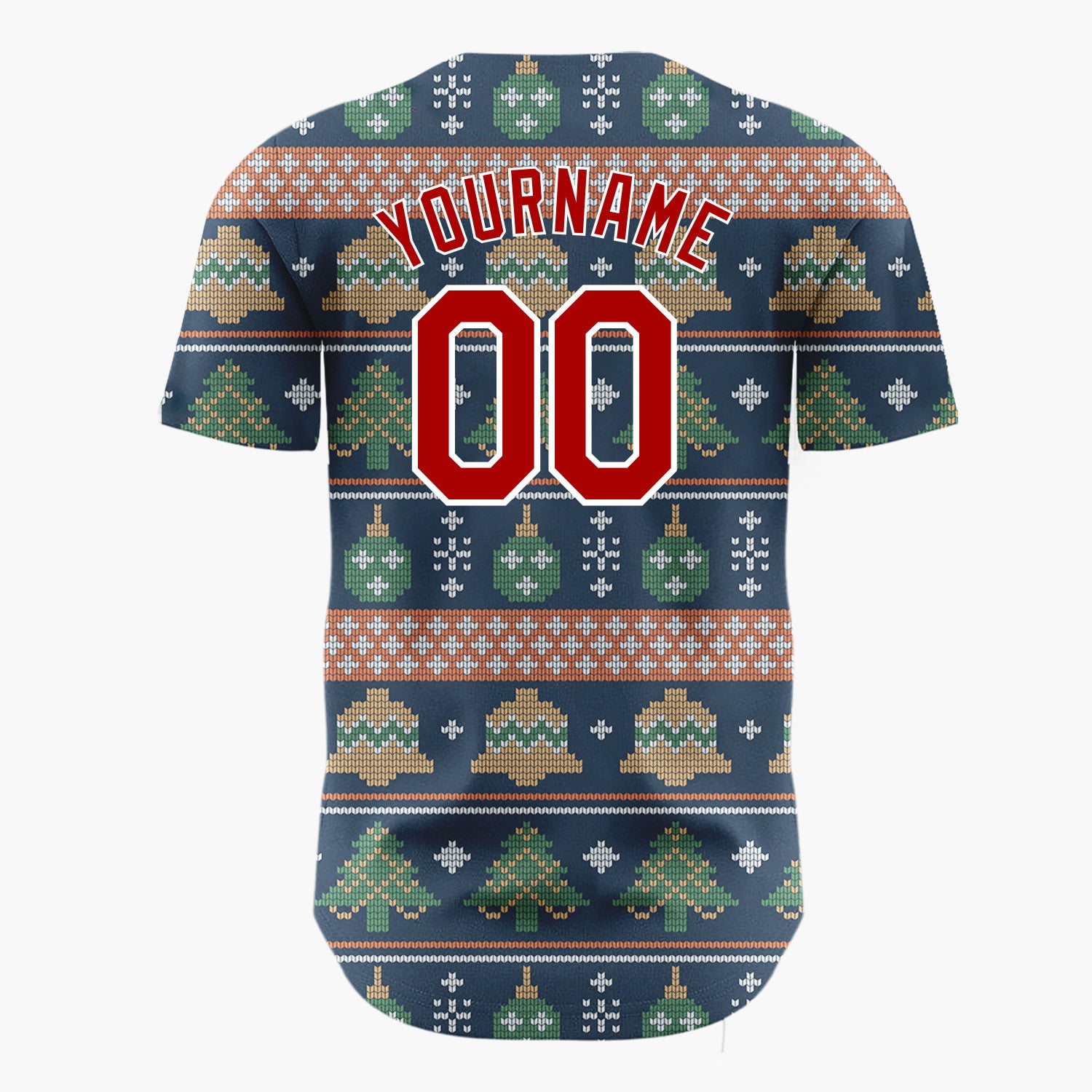 Custom Navy Green Bells Trees And Ornaments Vintage Knitted Christmas Baseball Jersey