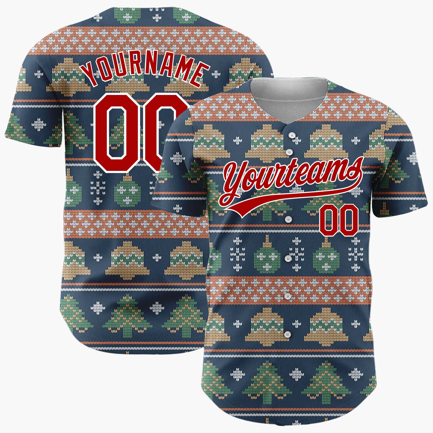 Custom Navy Green Bells Trees And Ornaments Vintage Knitted Christmas Baseball Jersey