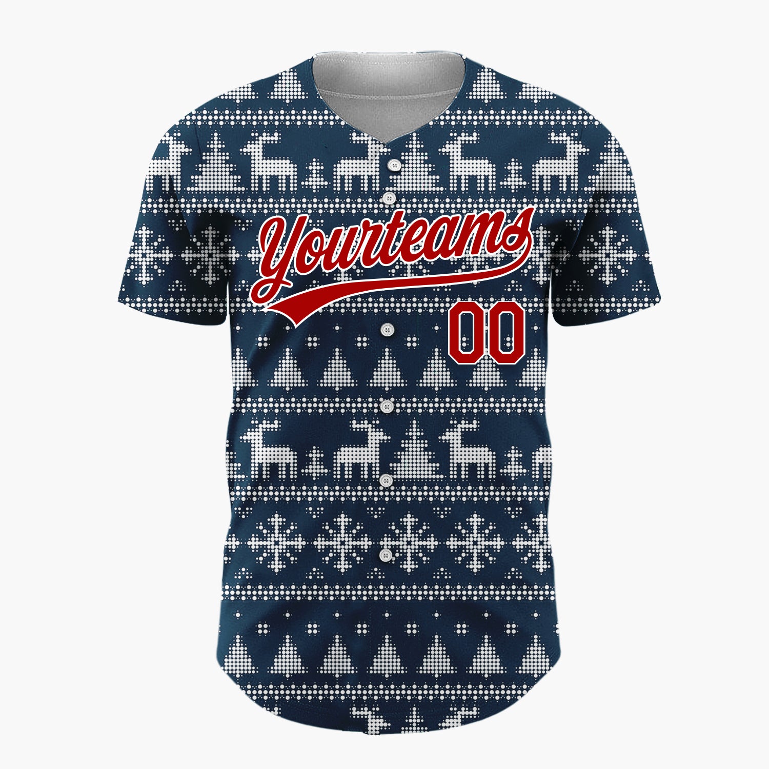 Custom Navy Blue Dotted Deer Snowflake Fair Isle Pattern Christmas Baseball Jersey