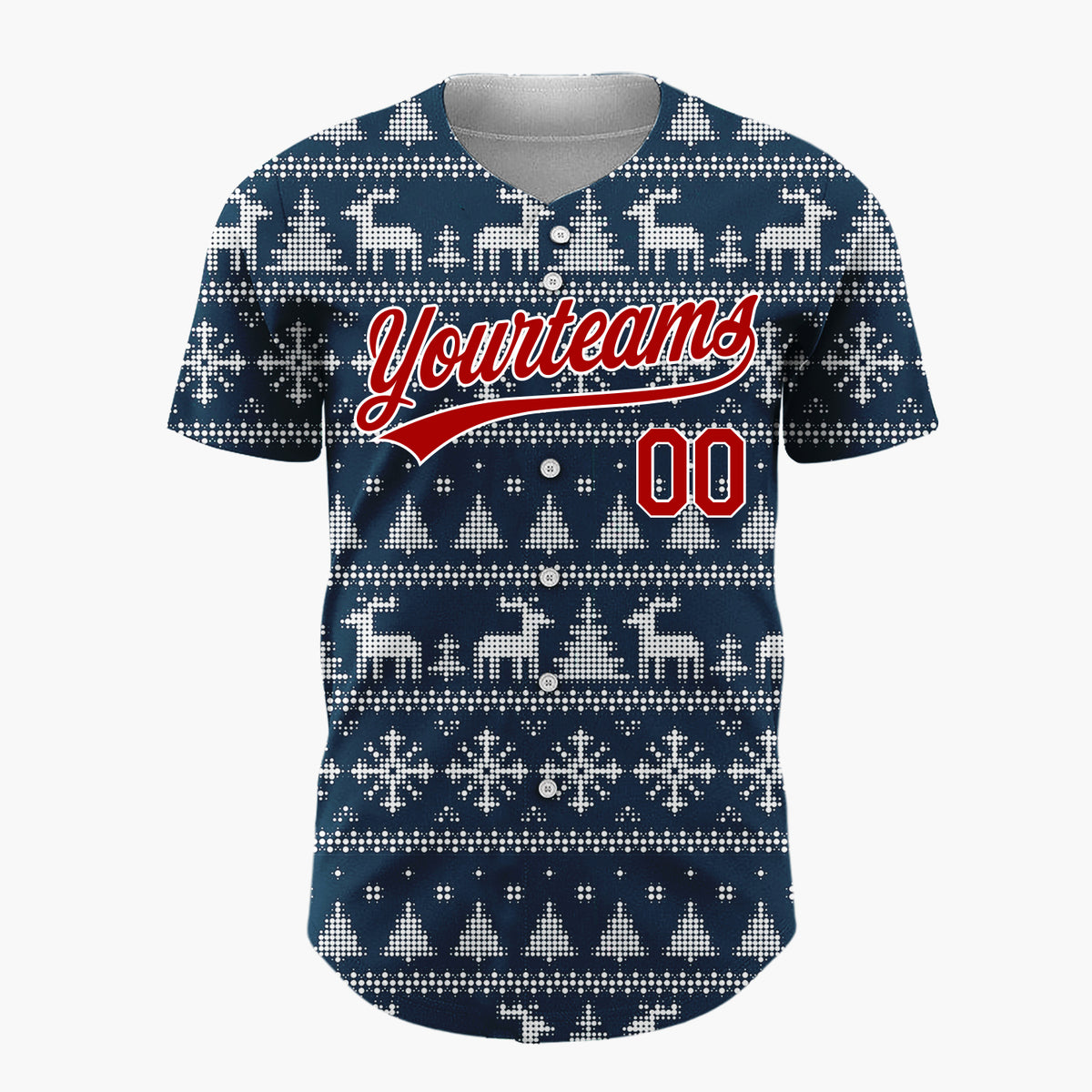 Custom Navy Blue Dotted Deer Snowflake Fair Isle Pattern Christmas Baseball Jersey