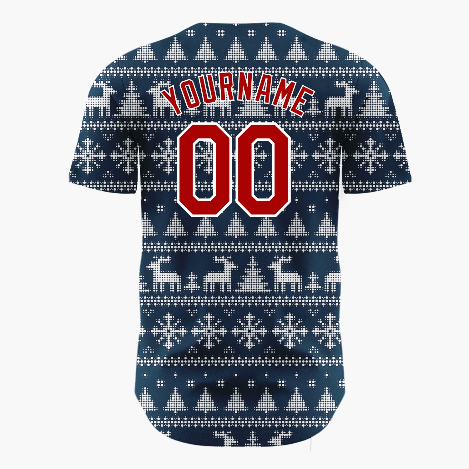 Custom Navy Blue Dotted Deer Snowflake Fair Isle Pattern Christmas Baseball Jersey