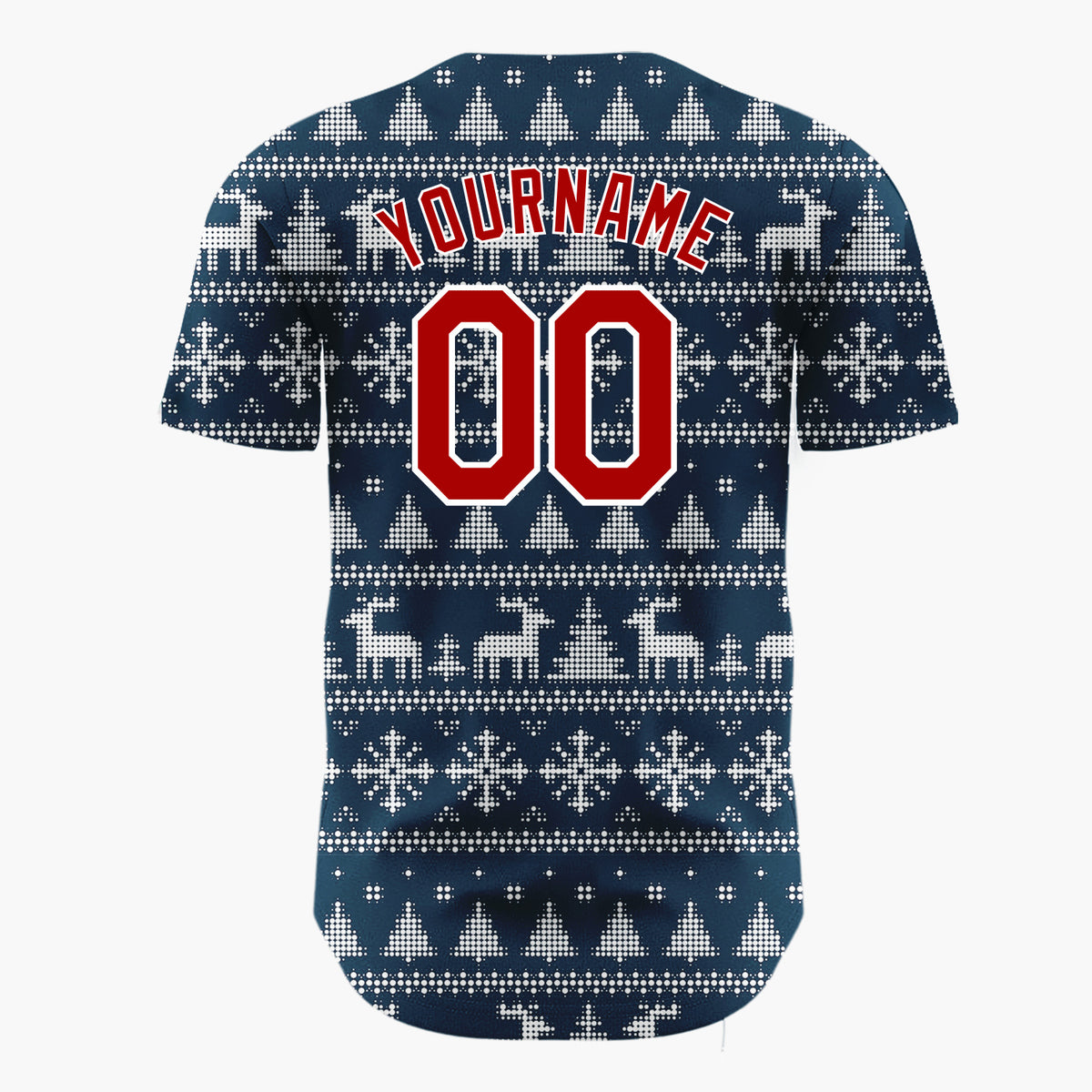 Custom Navy Blue Dotted Deer Snowflake Fair Isle Pattern Christmas Baseball Jersey