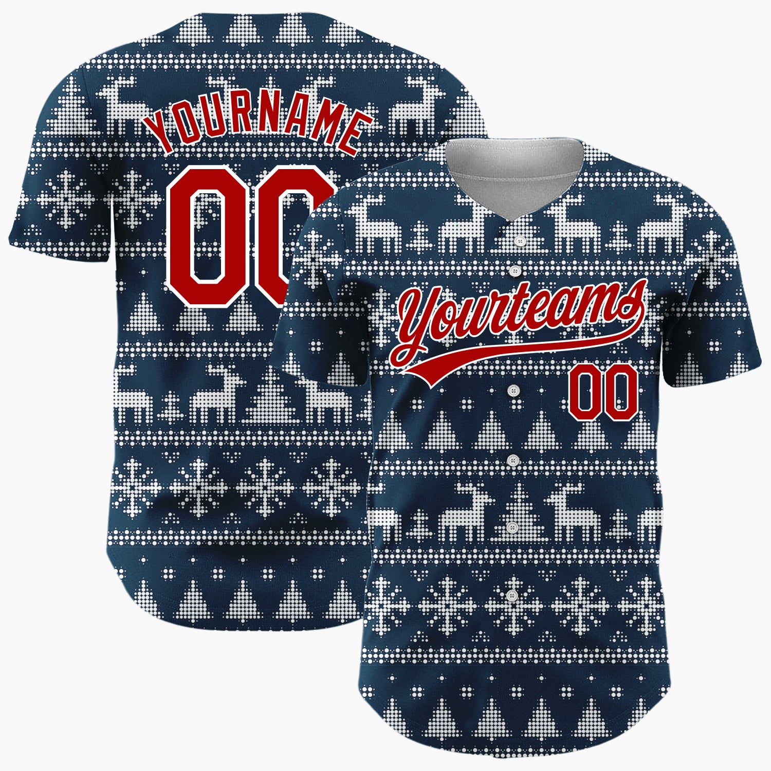 Custom Navy Blue Dotted Deer Snowflake Fair Isle Pattern Christmas Baseball Jersey