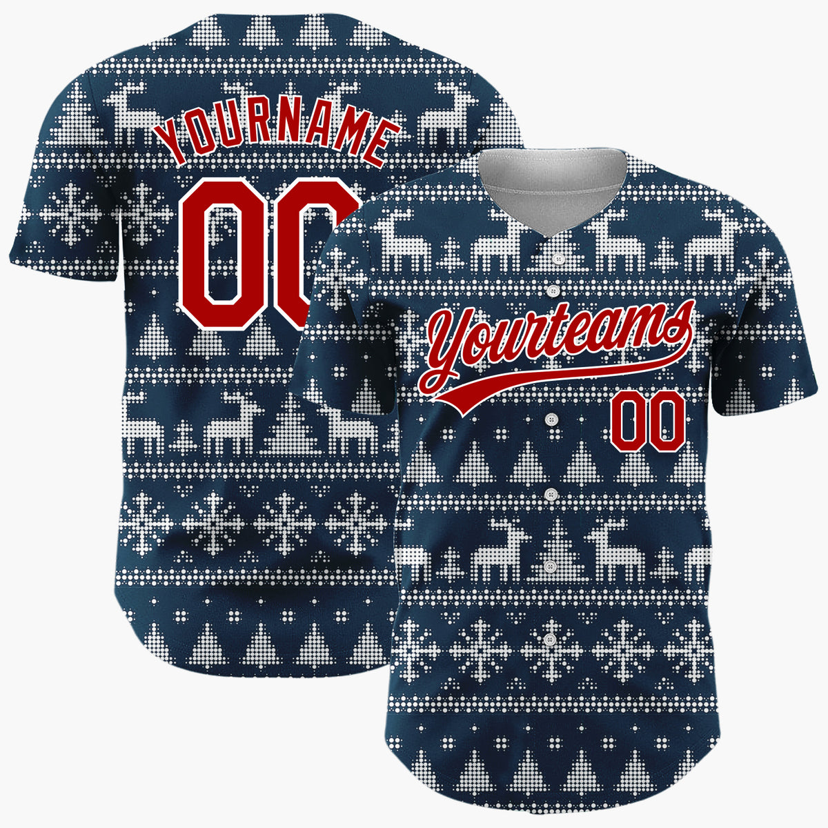 Custom Navy Blue Dotted Deer Snowflake Fair Isle Pattern Christmas Baseball Jersey