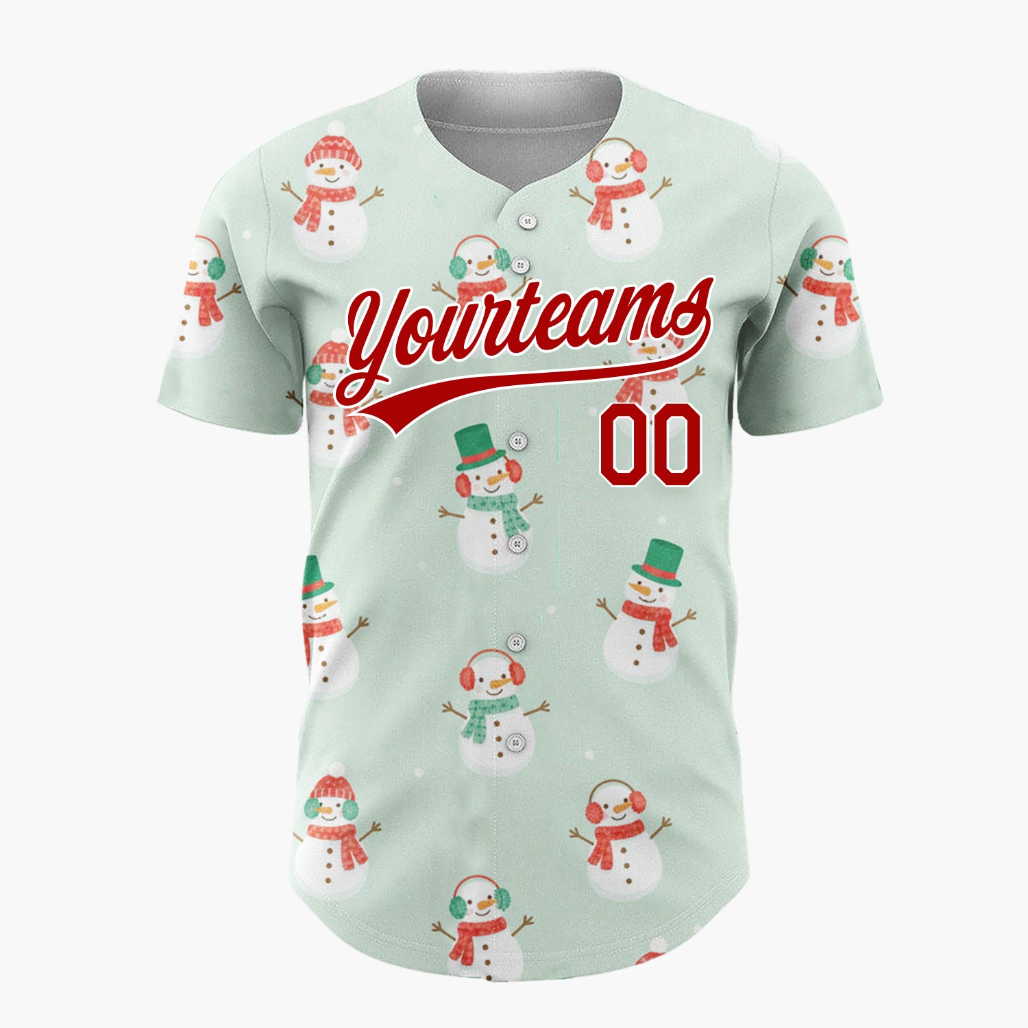 Custom Mint White Snowmen With Scarves Cozy Winter Pattern Christmas Baseball Jersey