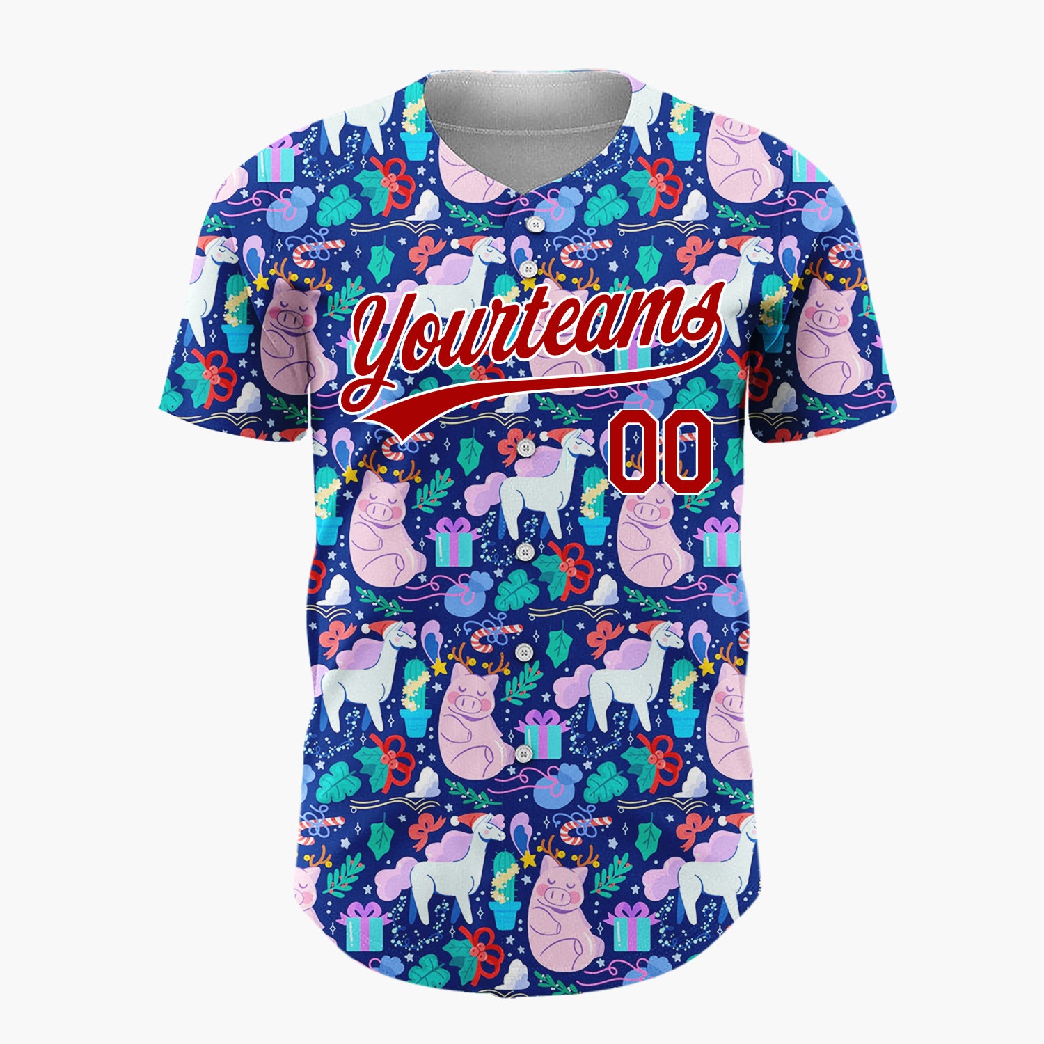 Custom Navy Blue Pink Unicorns Pigs And Gifts Whimsical Holiday Pattern Christmas Baseball Jersey
