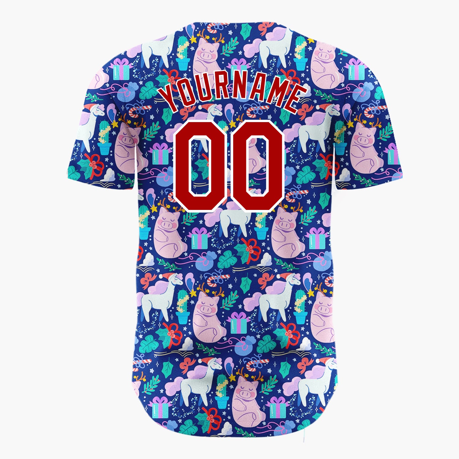 Custom Navy Blue Pink Unicorns Pigs And Gifts Whimsical Holiday Pattern Christmas Baseball Jersey