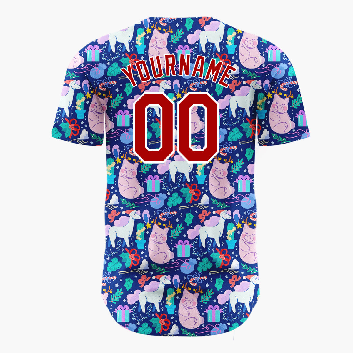 Custom Navy Blue Pink Unicorns Pigs And Gifts Whimsical Holiday Pattern Christmas Baseball Jersey
