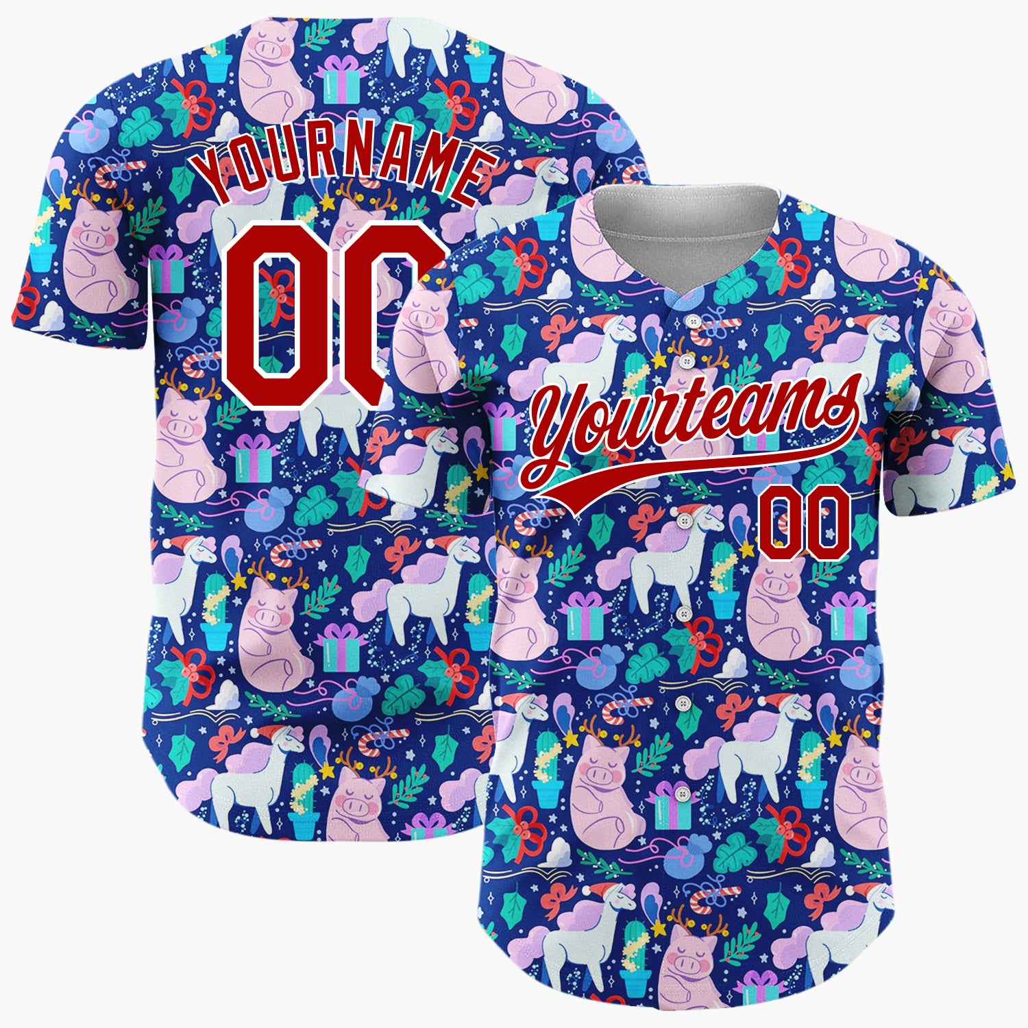 Custom Navy Blue Pink Unicorns Pigs And Gifts Whimsical Holiday Pattern Christmas Baseball Jersey