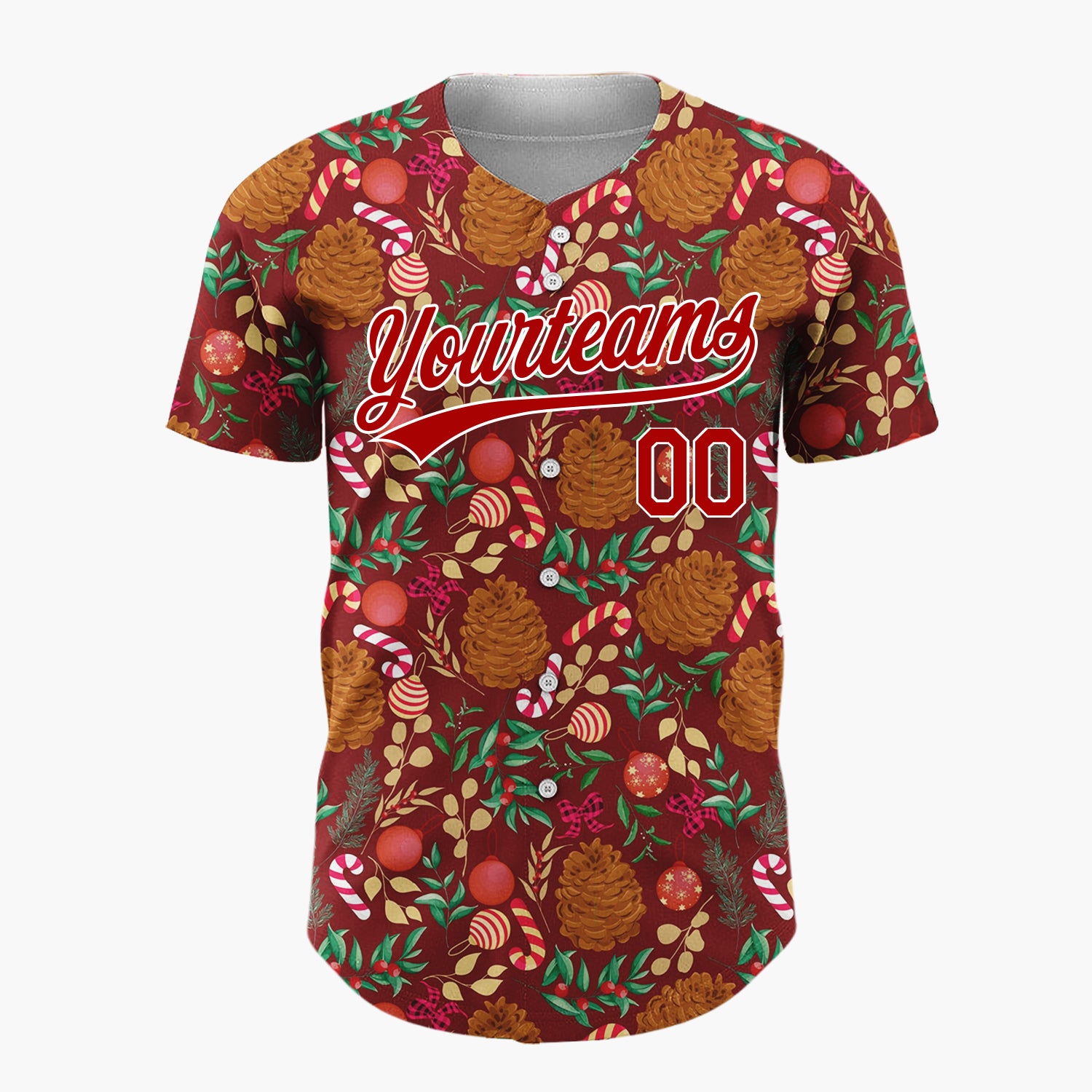 Custom Maroon Red Brown Pinecones Candy Canes And Baubles Christmas Botanical Pattern Christmas Baseball Jersey