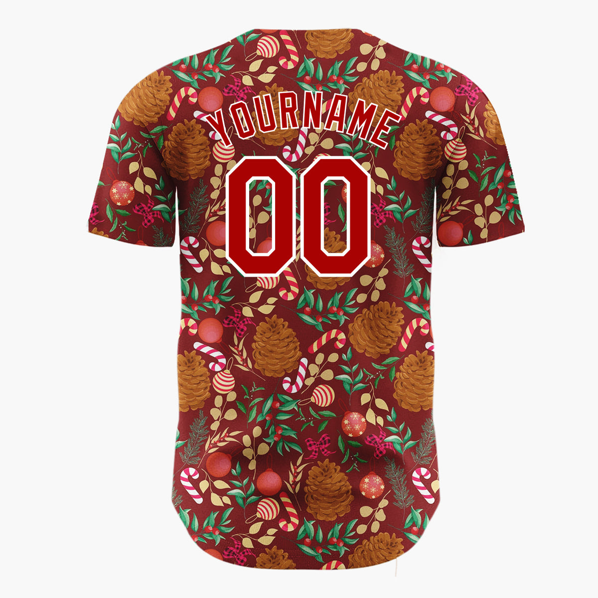 Custom Maroon Red Brown Pinecones Candy Canes And Baubles Christmas Botanical Pattern Christmas Baseball Jersey