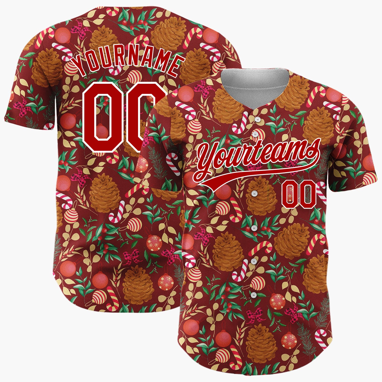 Custom Maroon Red Brown Pinecones Candy Canes And Baubles Christmas Botanical Pattern Christmas Baseball Jersey