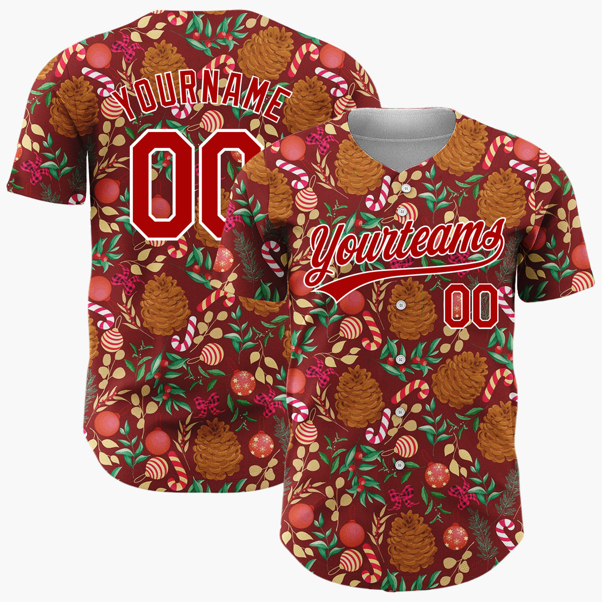 Custom Maroon Red Brown Pinecones Candy Canes And Baubles Christmas Botanical Pattern Christmas Baseball Jersey