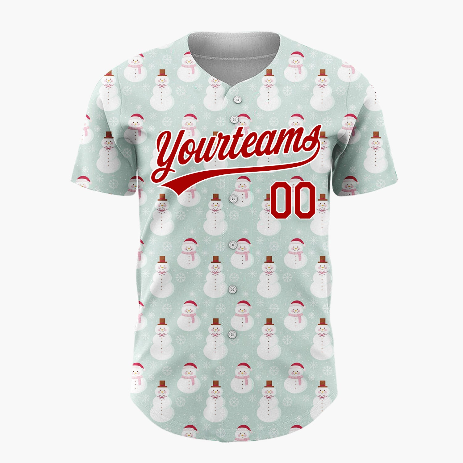 Custom Mint Green White Snowmen And Snowflakes Simple Winter Pattern Christmas Baseball Jersey