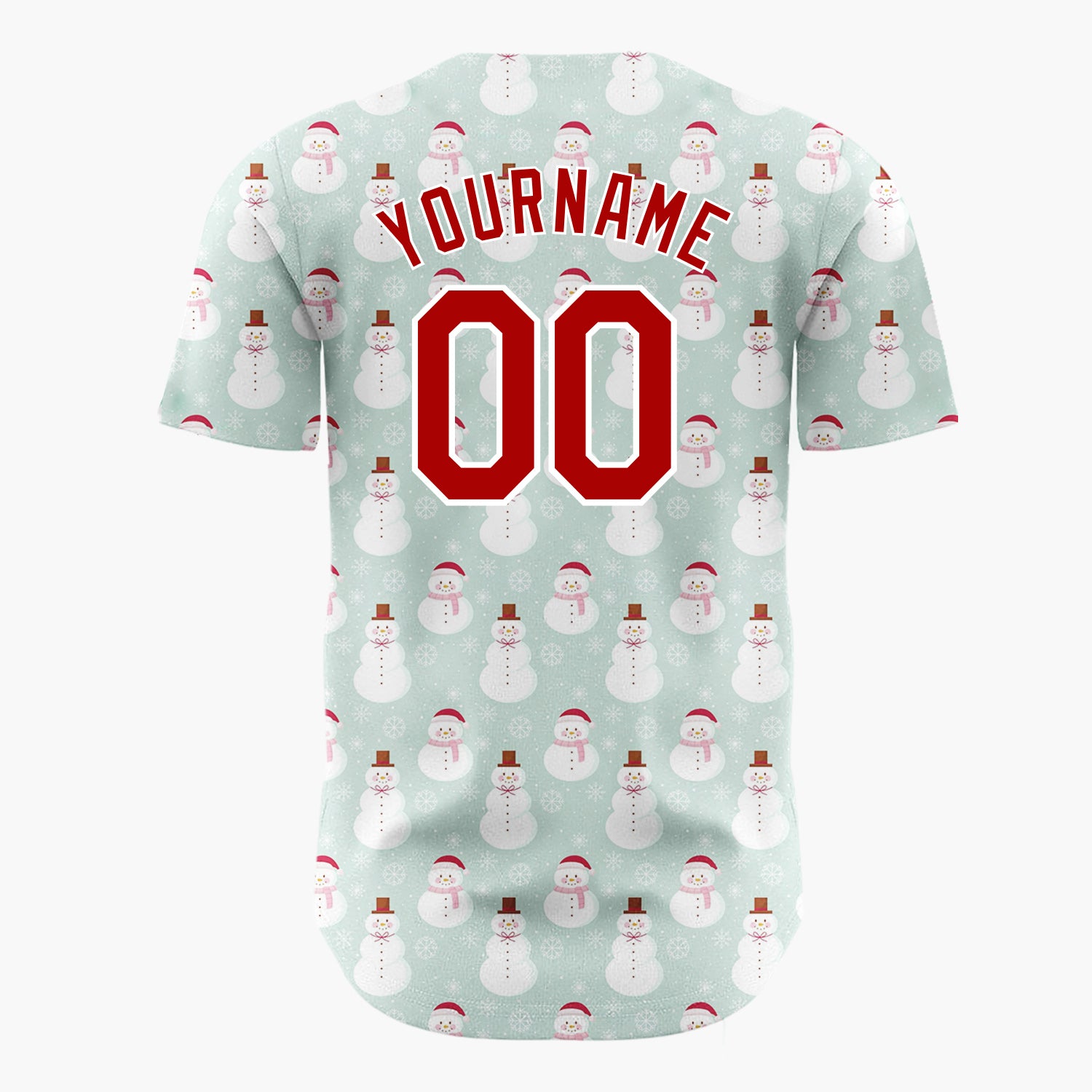 Custom Mint Green White Snowmen And Snowflakes Simple Winter Pattern Christmas Baseball Jersey