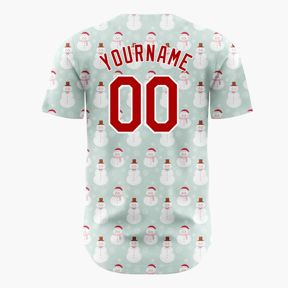 Custom Mint Green White Snowmen And Snowflakes Simple Winter Pattern Christmas Baseball Jersey
