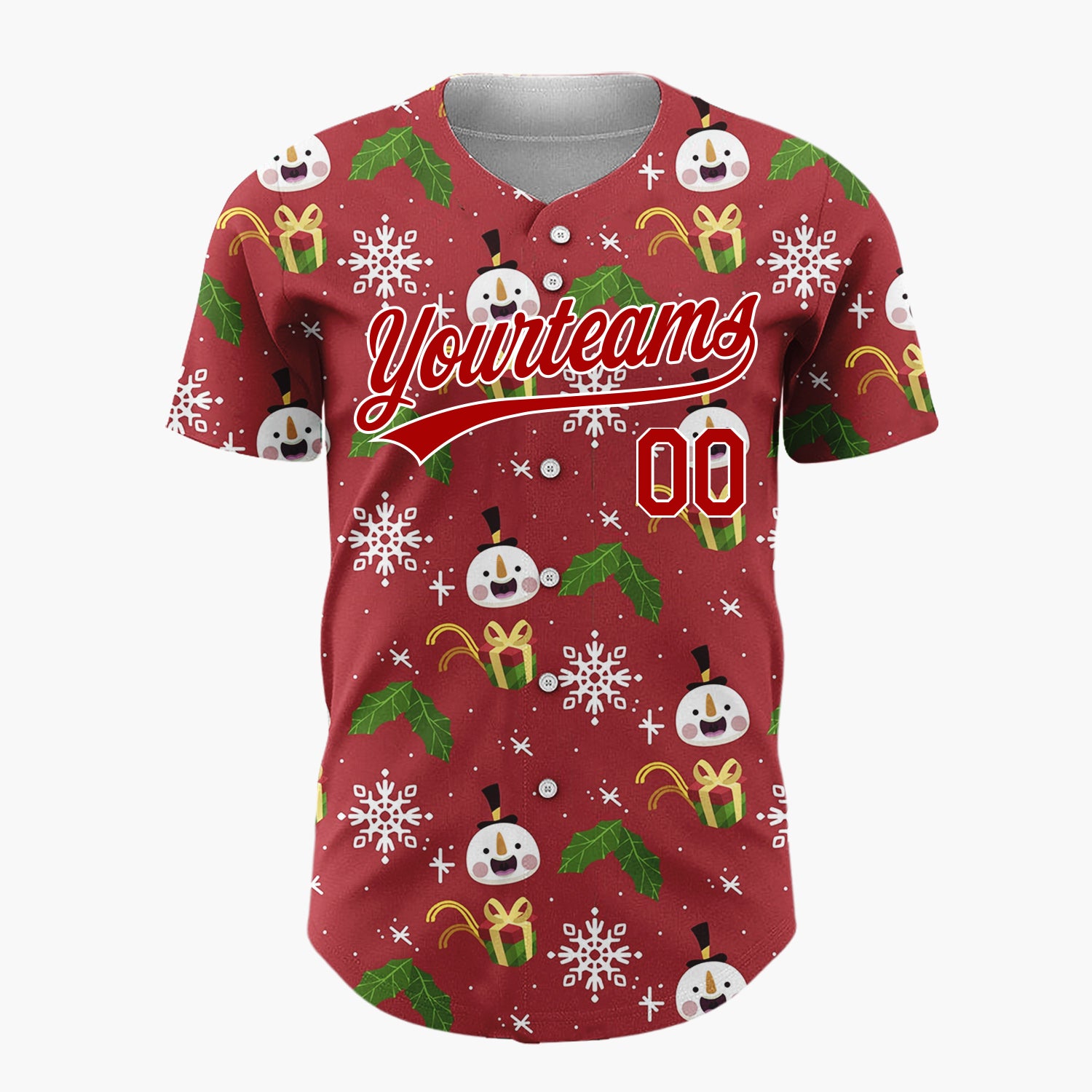 Custom Maroon White Green Snowmen Gifts And Snowflakes Cozy Holiday Pattern Christmas Baseball Jersey