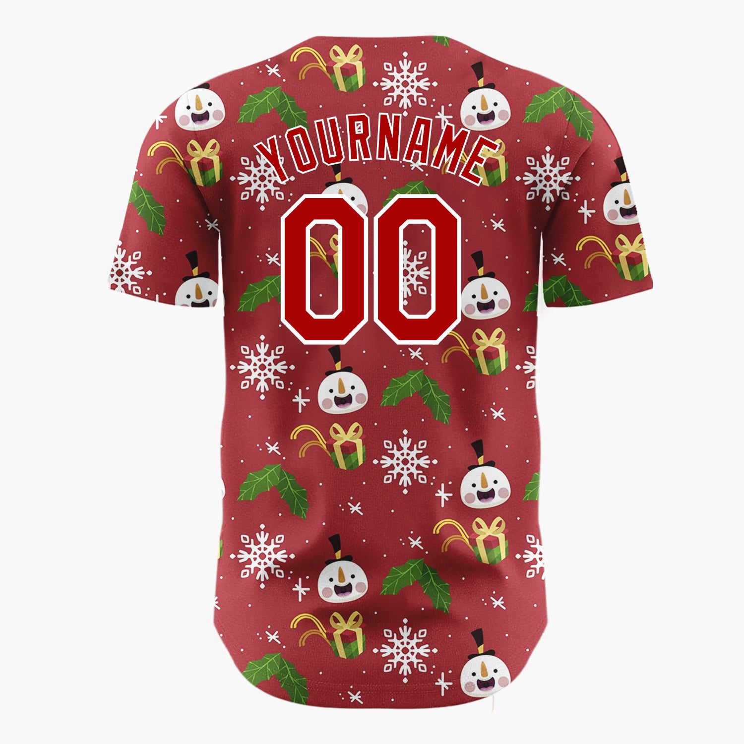 Custom Maroon White Green Snowmen Gifts And Snowflakes Cozy Holiday Pattern Christmas Baseball Jersey