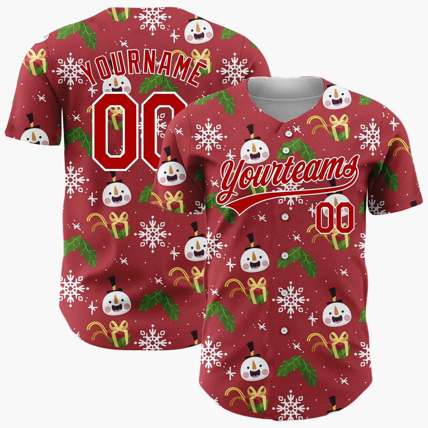 Custom Maroon White Green Snowmen Gifts And Snowflakes Cozy Holiday Pattern Christmas Baseball Jersey
