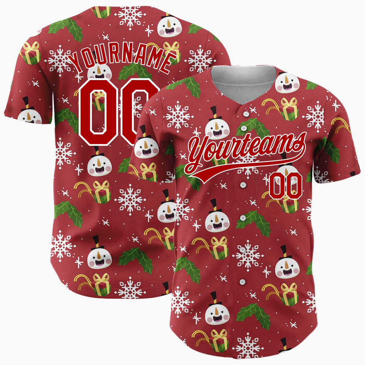 Custom Maroon White Green Snowmen Gifts And Snowflakes Cozy Holiday Pattern Christmas Baseball Jersey