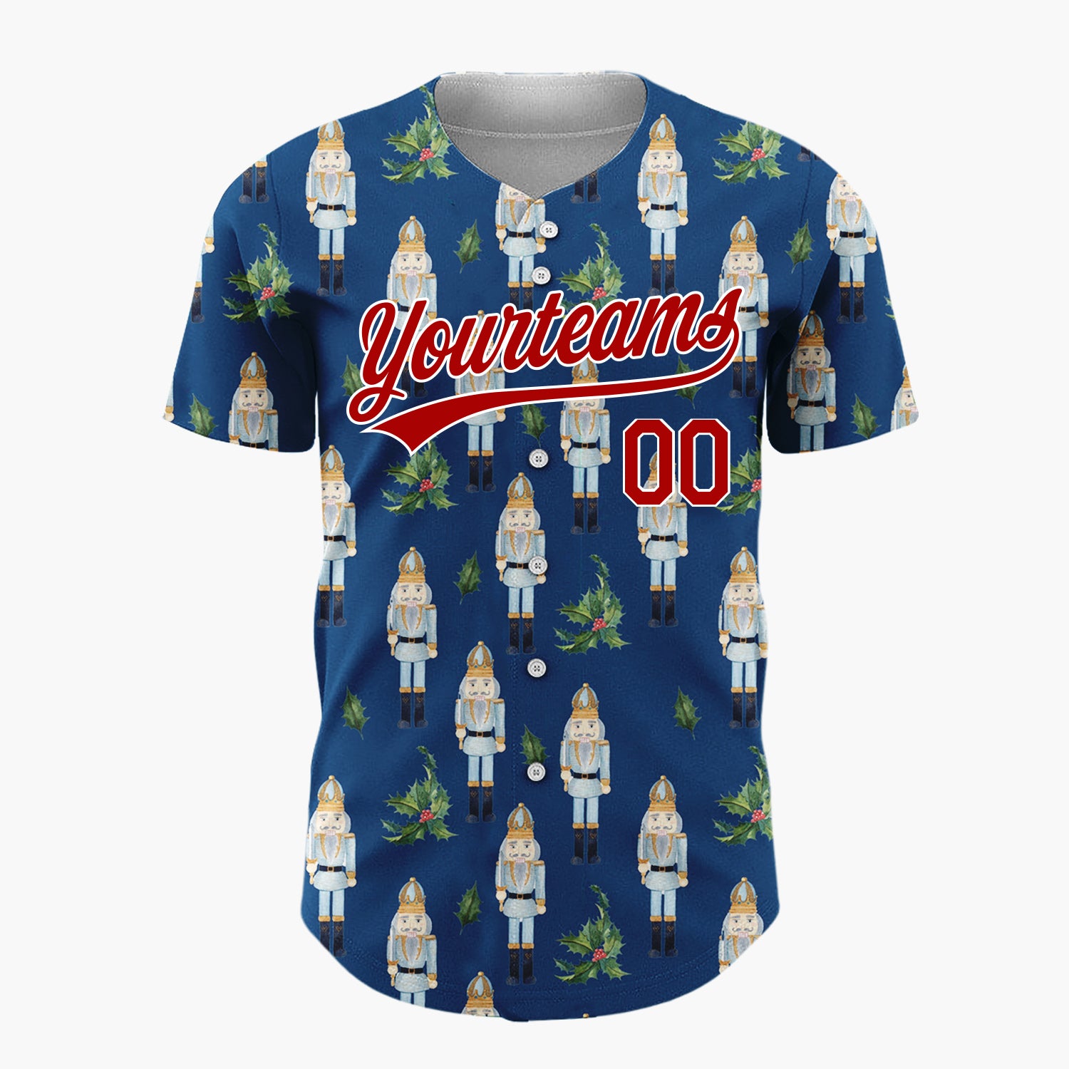 Custom Navy Blue Nutcracker And Holly Watercolor Pattern Christmas Baseball Jersey