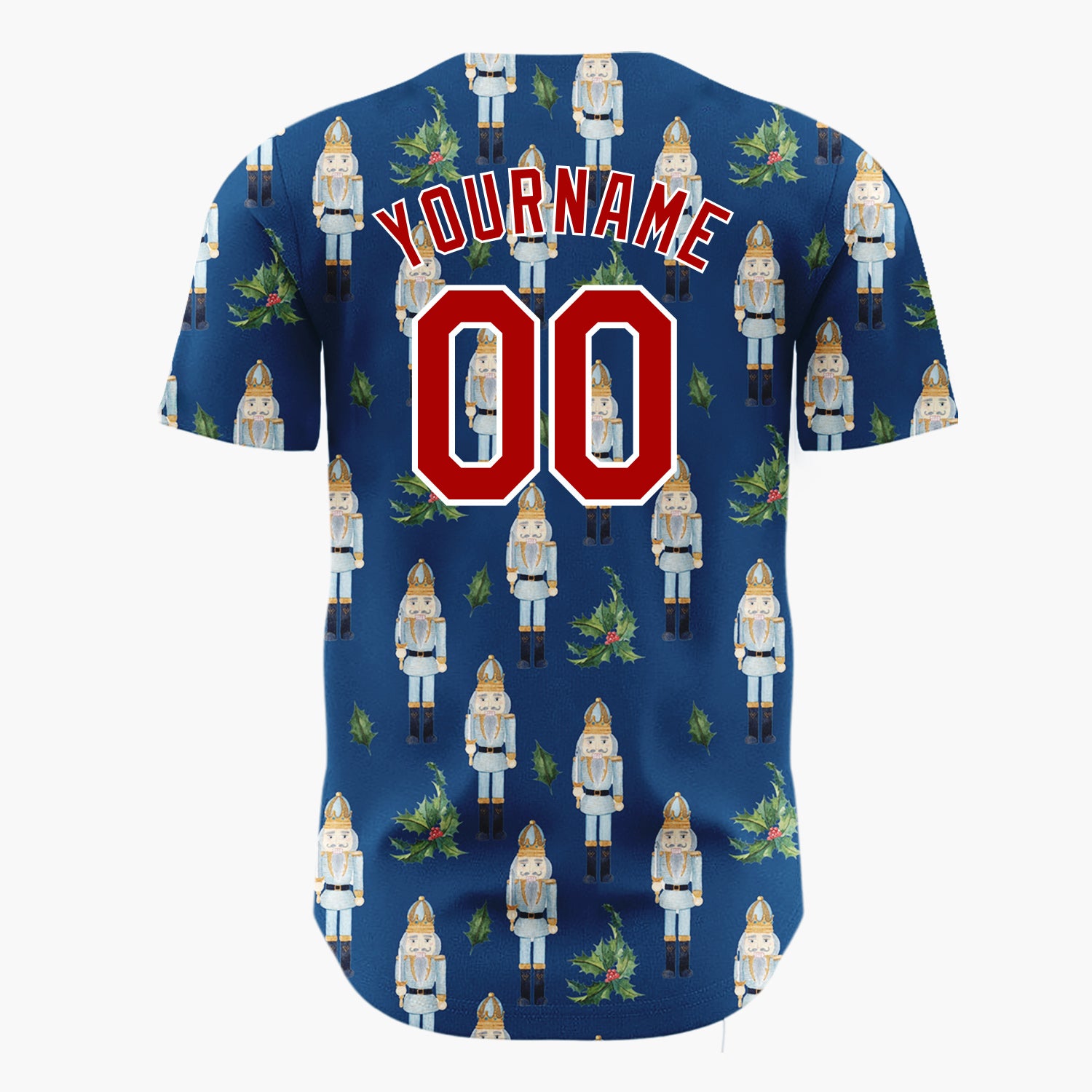 Custom Navy Blue Nutcracker And Holly Watercolor Pattern Christmas Baseball Jersey