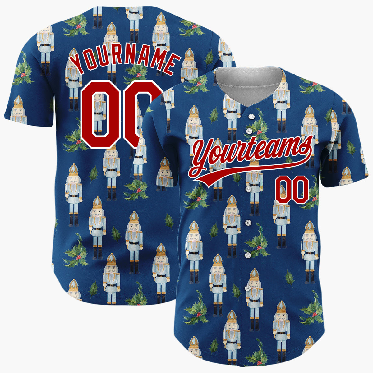 Custom Navy Blue Nutcracker And Holly Watercolor Pattern Christmas Baseball Jersey