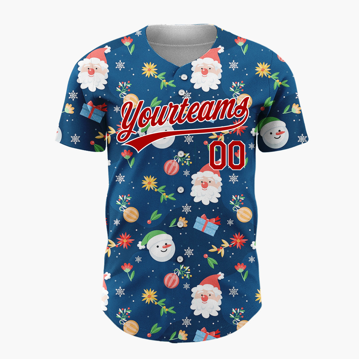 Custom Navy Blue Santa Snowman And Gifts Cheerful Christmas Baseball Jersey