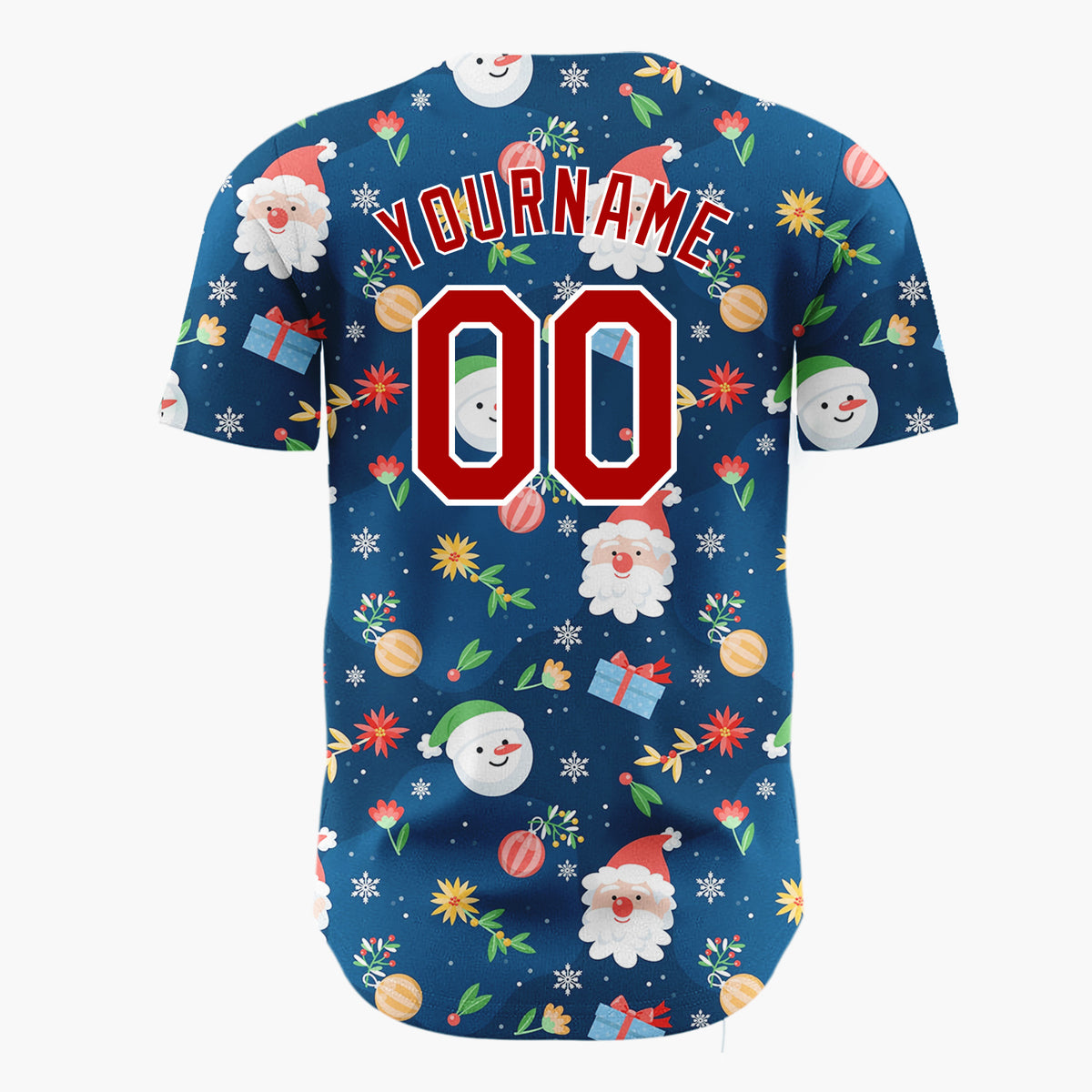 Custom Navy Blue Santa Snowman And Gifts Cheerful Christmas Baseball Jersey