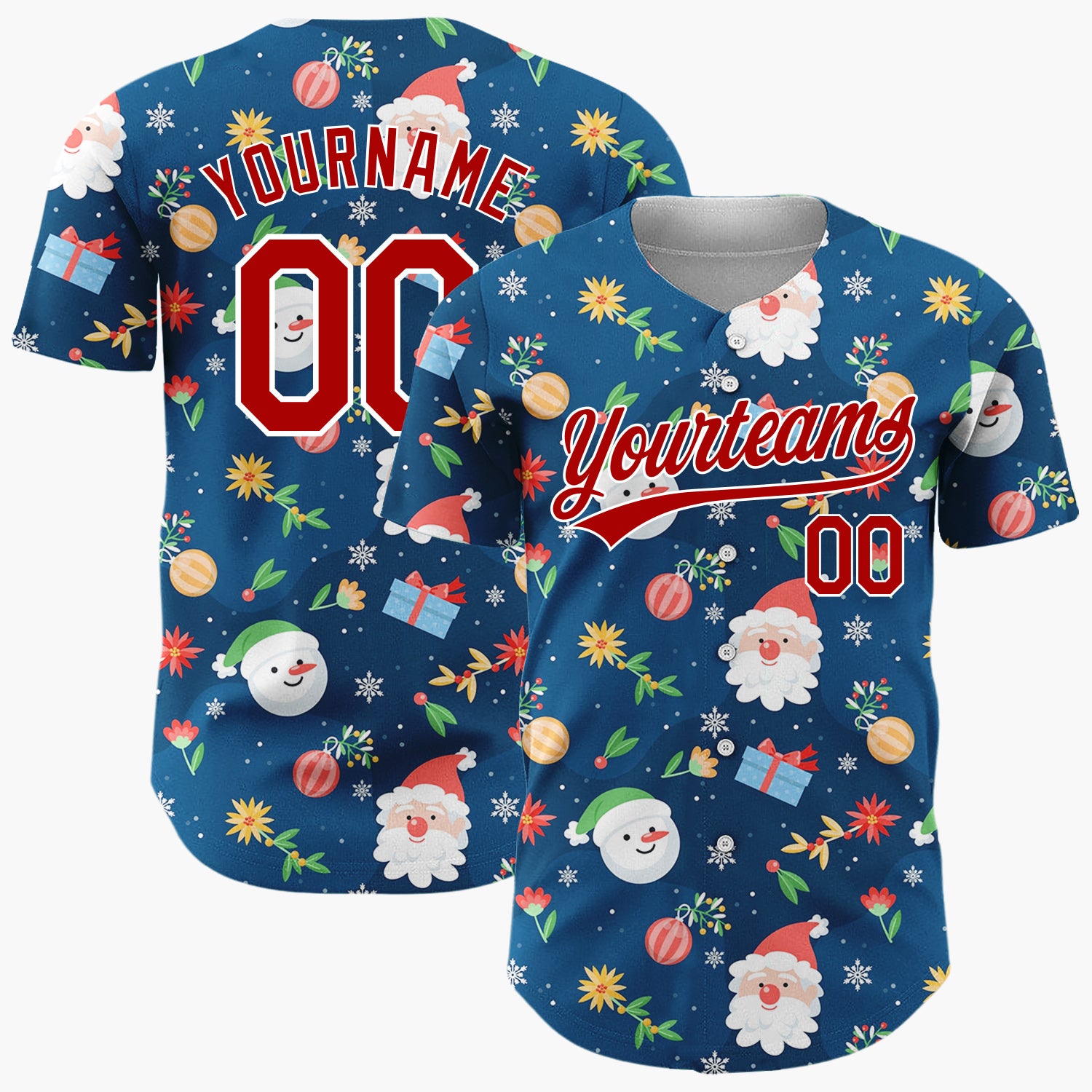 Custom Navy Blue Santa Snowman And Gifts Cheerful Christmas Baseball Jersey