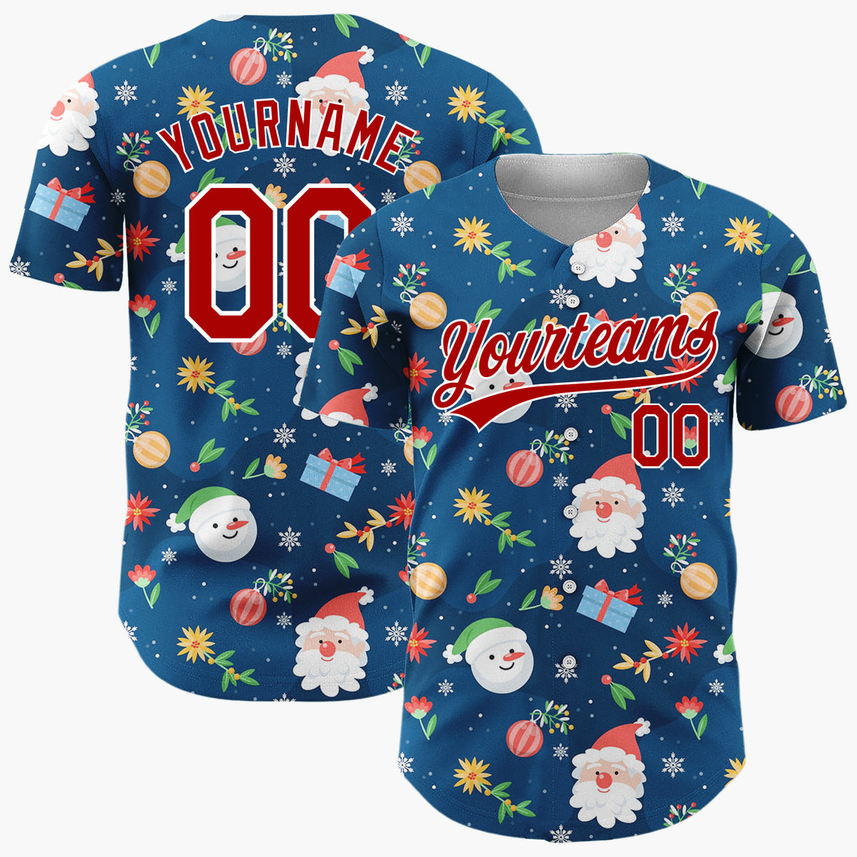 Custom Navy Blue Santa Snowman And Gifts Cheerful Christmas Baseball Jersey